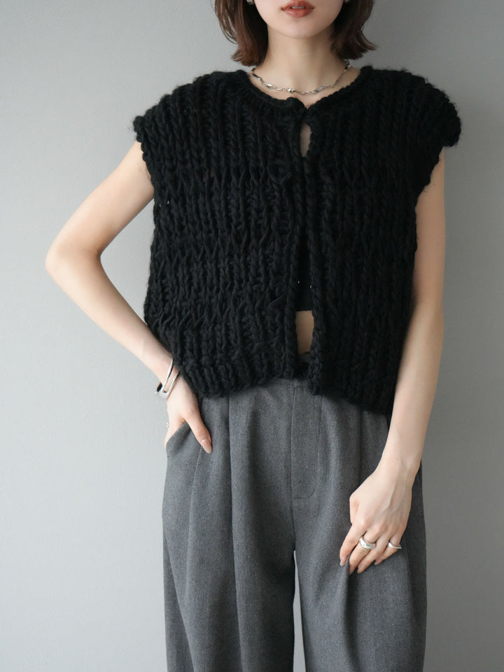 [SET] 手編繩結背心+粗花呢觸感褶皺寬褲（2件組）