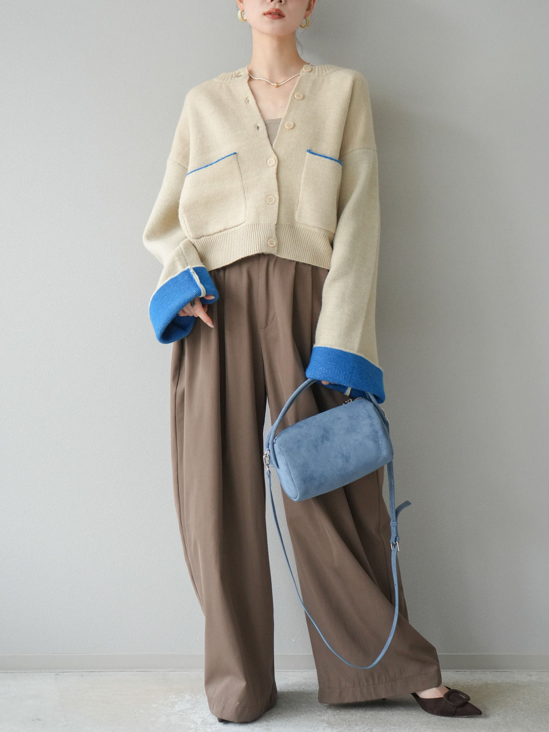 【SET】雙色針織開襟衫+褶襉設計寬褲（2套）