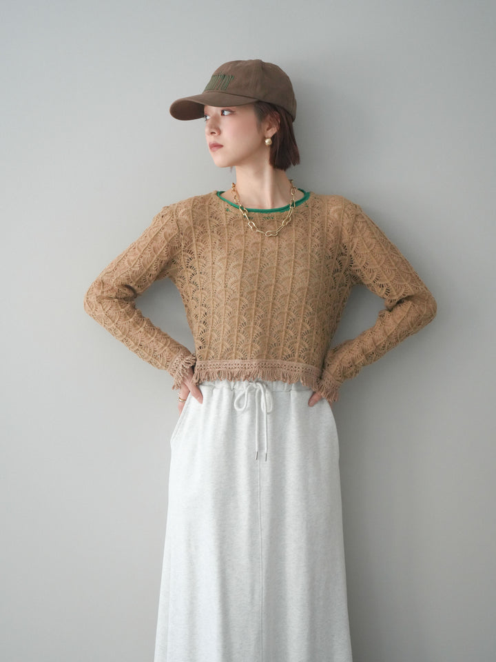 [予約]扇透かし編みクロップドニットプルオーバー/beige
