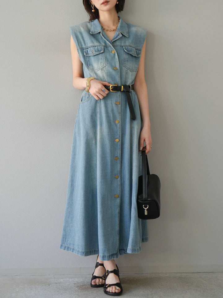 [予約]ベルト付デニムシャツデザインワンピース/ライトブルー