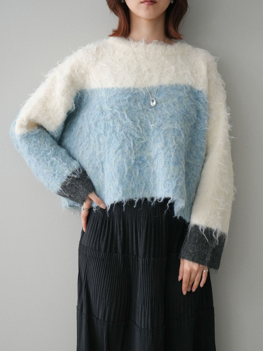 [SET]バイカラーモヘアタッチニットプルオーバー+型押しスエードティアードプリーツスカート(2set)