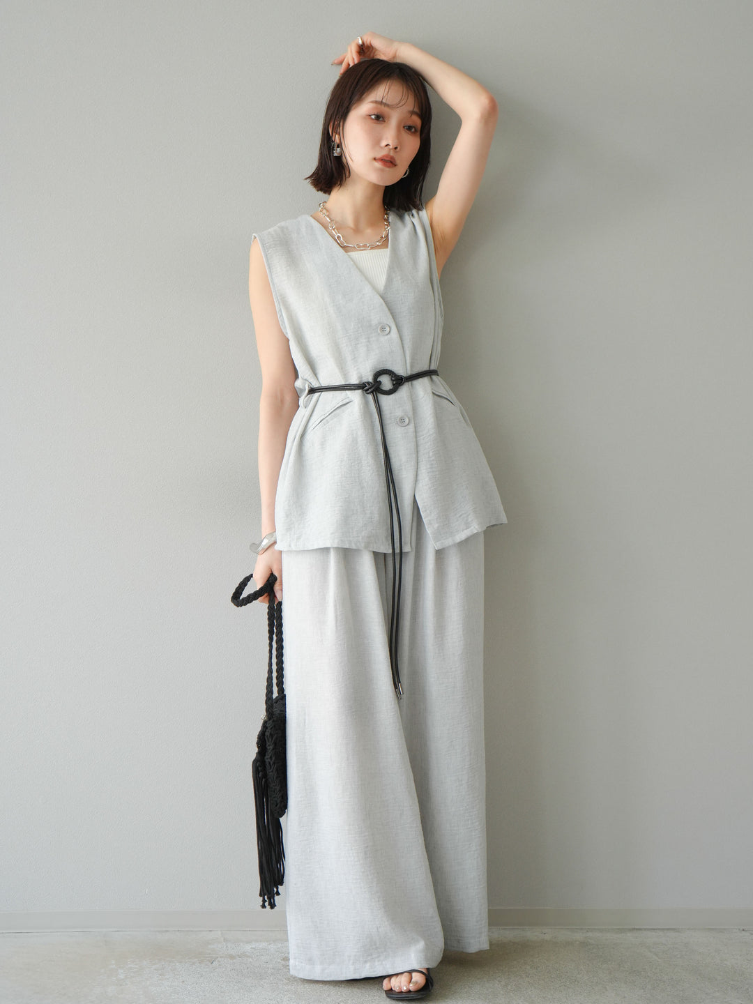 [SET]ベルト付リネンタッチベスト＆ワイドパンツSET UP(2set)