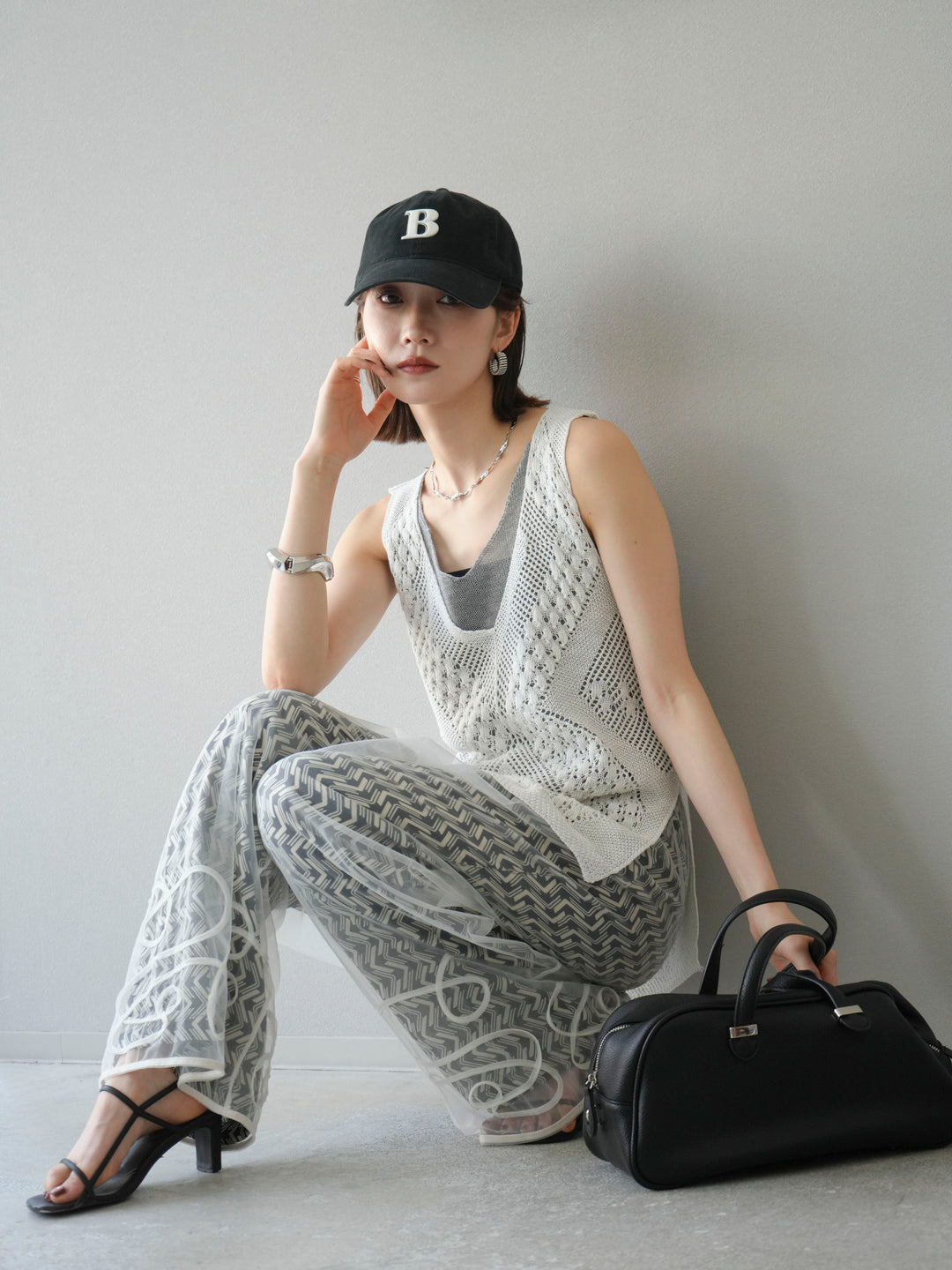 [予約]透かし編みレイヤードニットトップス/ホワイト