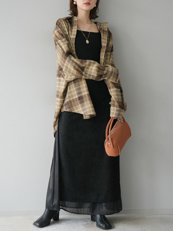 [予約]サイドスリットスウェードドッキングシフォンスカート/ブラック