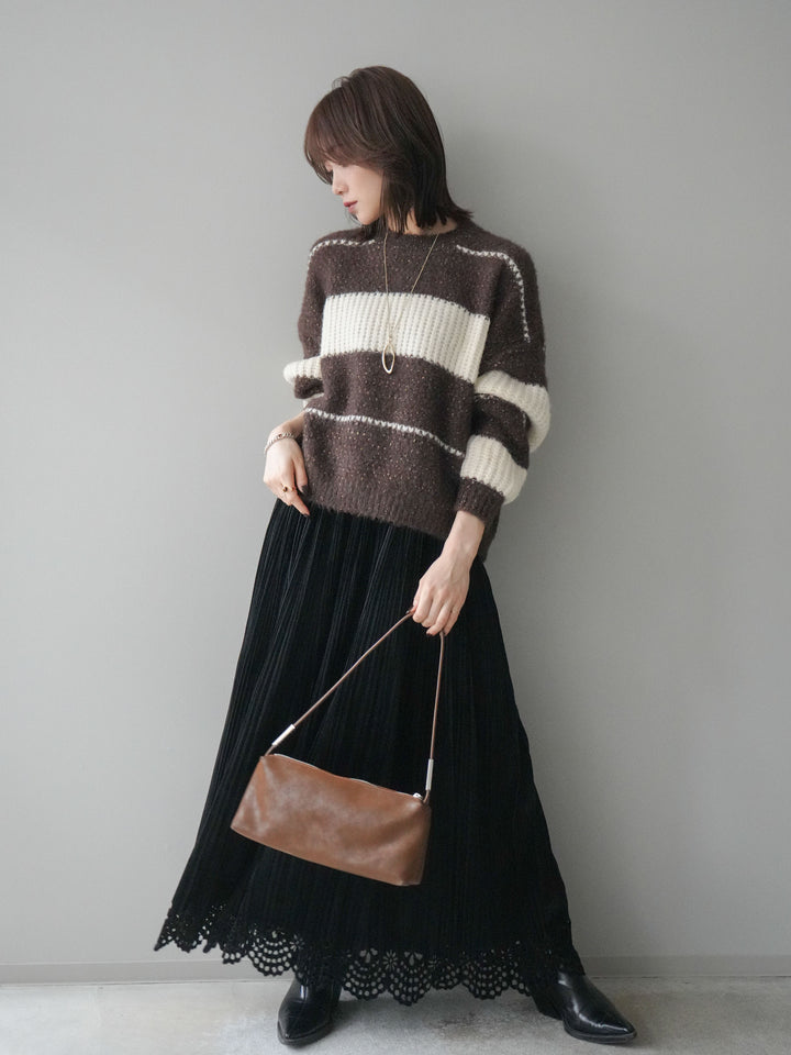 [SET]ネップヤーンボーダーニットプルオーバー+パンチングデザインスエードプリーツスカート(2set)