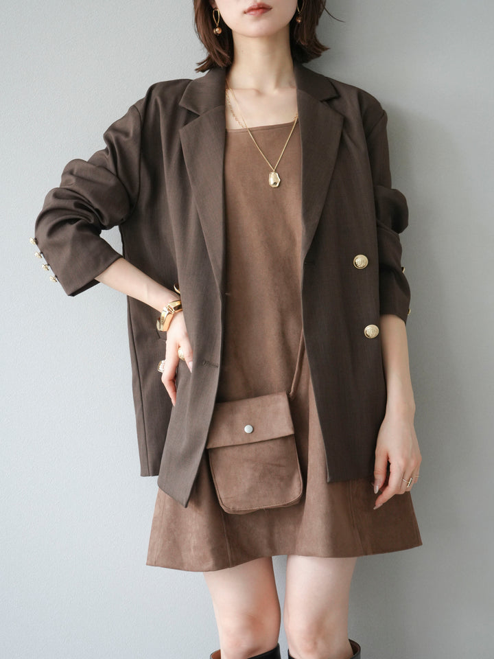 [SET]ゴールドボタンツイルダブルテーラードジャケット+ショルダーポーチ付スウェードミニワンピース(2set)
