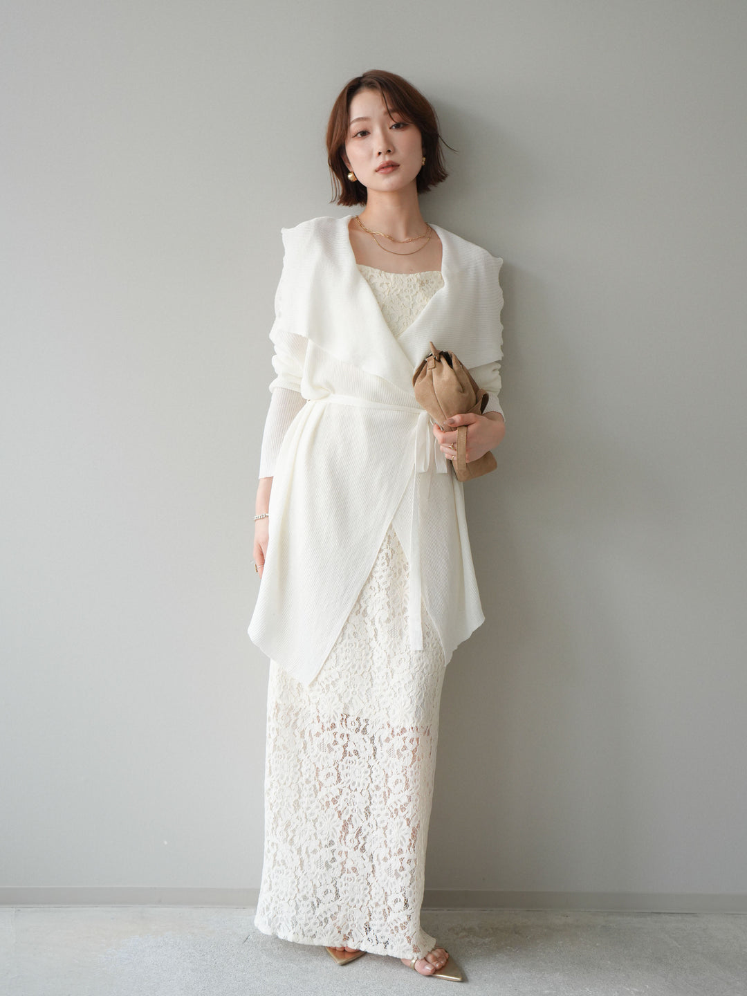 [SET]ドレープリブニットガウン+フルレースキャミ＆IラインスカートSET UP(2set)