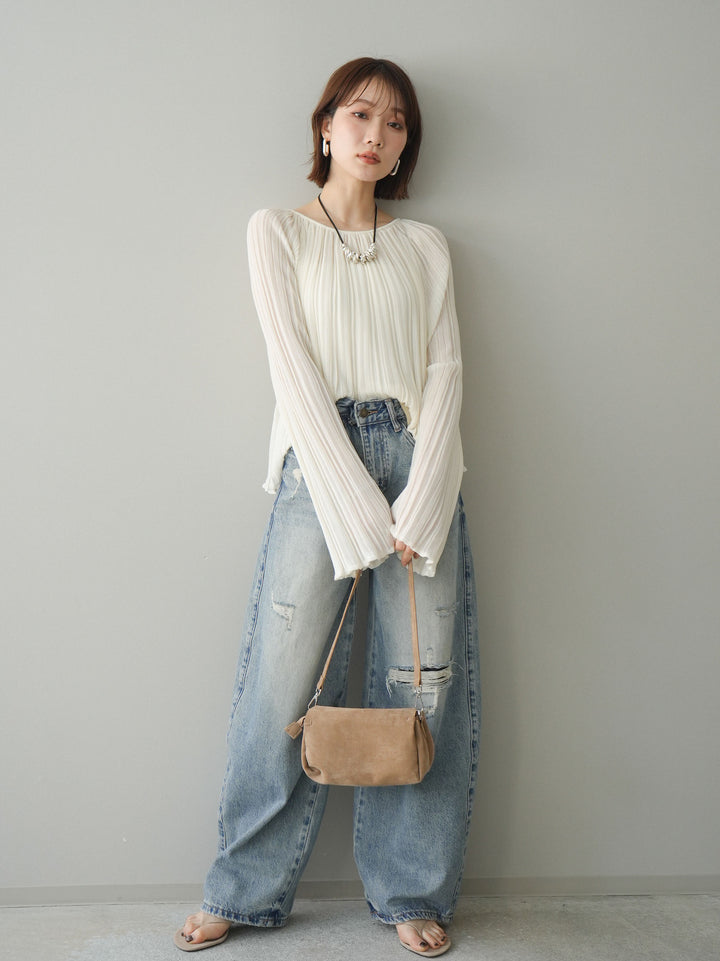 [予約]ダメージデニムセミワイドパンツ/lightblue