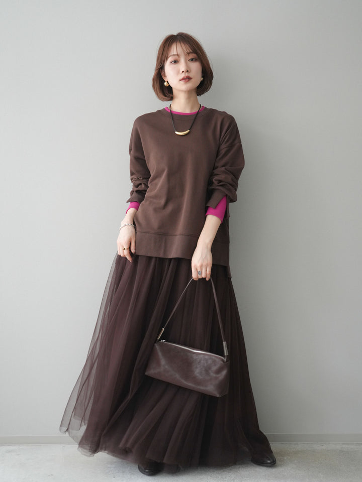 [SET]配色レイヤードデザインスエットプルオーバー+チュールボリュームスカート(2set)