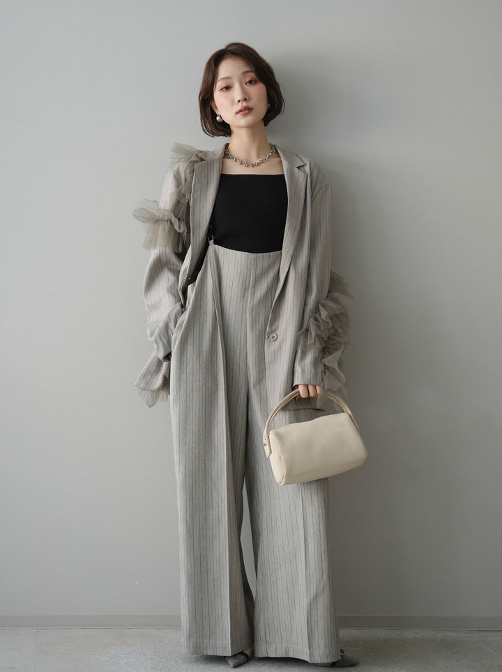 [SET]アシンメトリーチュールストライプジャケット+ヘリンボーンストライプサロペット(2set)