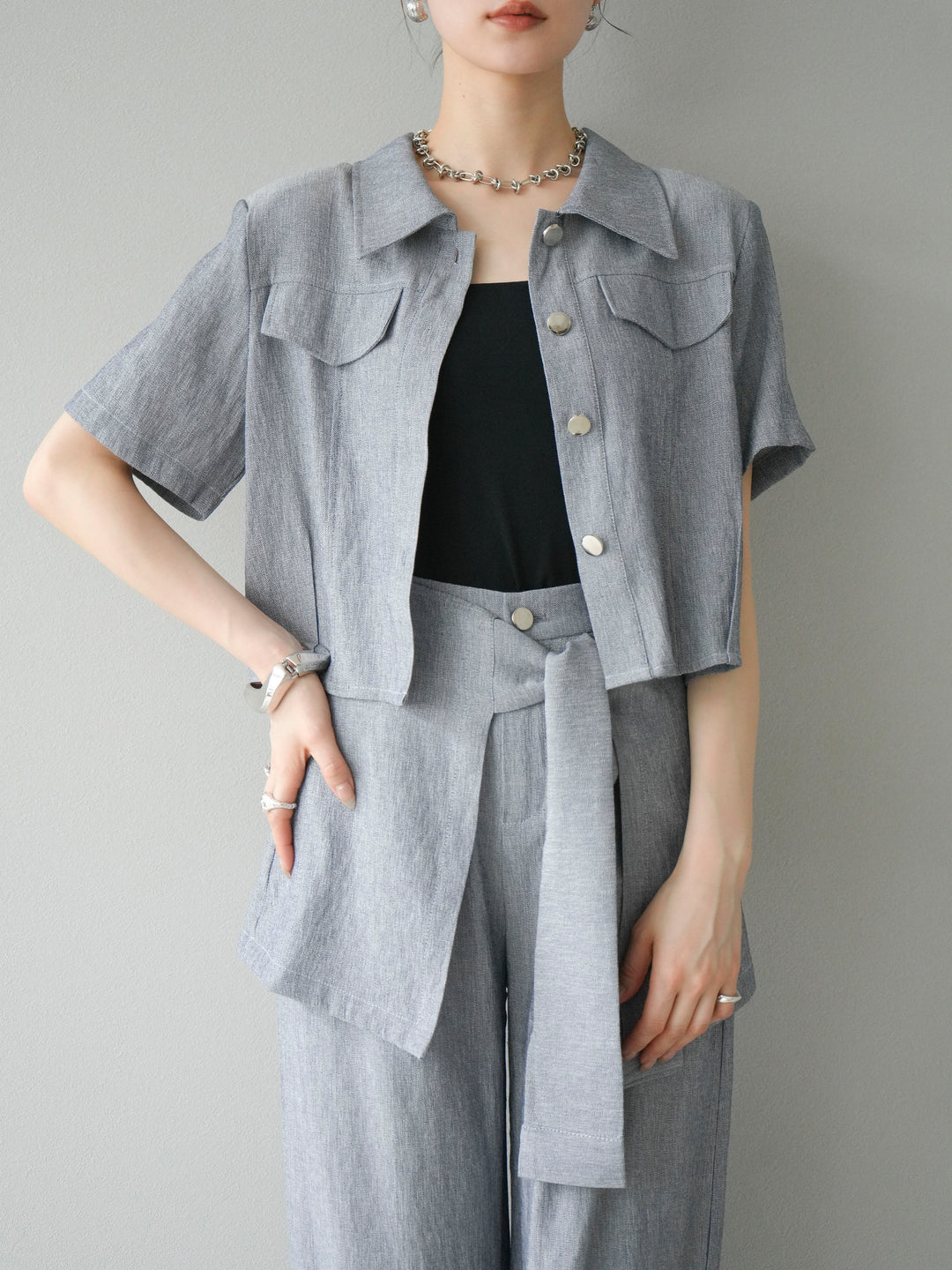 [SET]リネンタッチハーフシャツ＆ラップワイドパンツSET UP(2set)