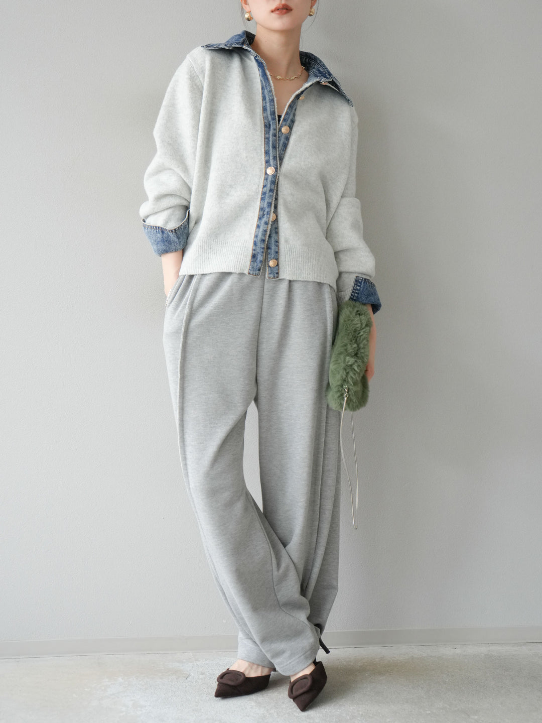 【着回しセット】[SET]デニム襟ボタンニットカーディガン+デニム襟ボタンニットカーディガン+2WAYデザインスウェットパンツ(3set)