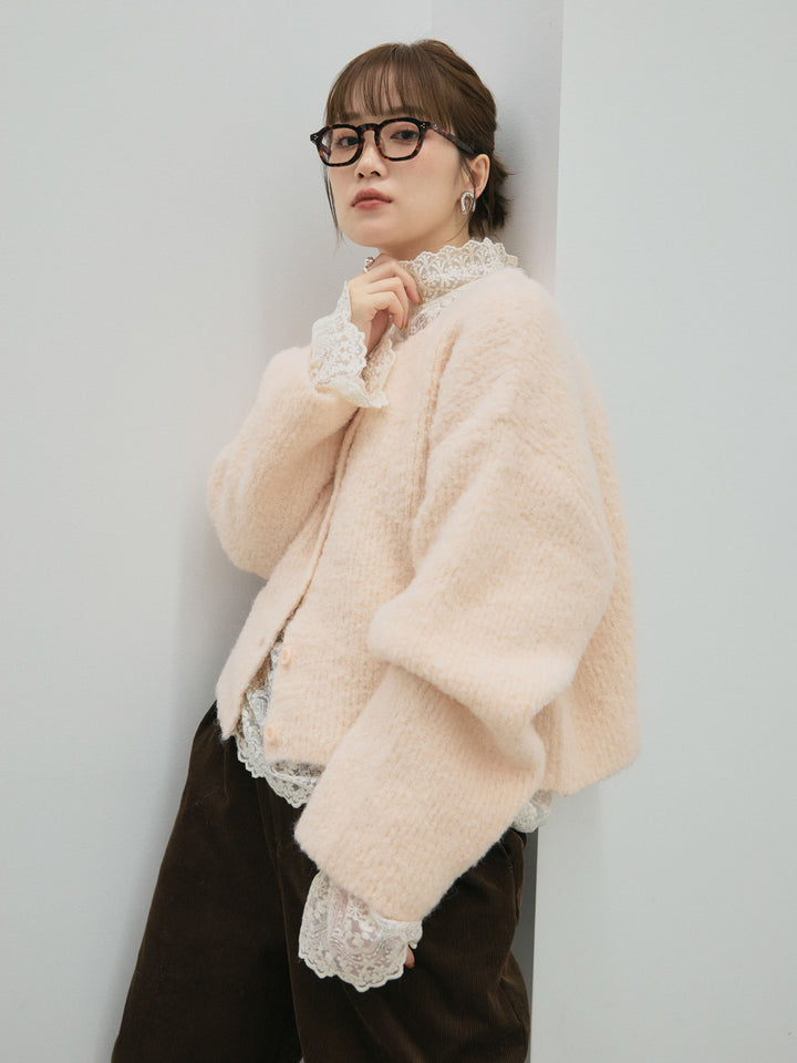 【Allure】[SET]ブークレニットカーディガン+ハイネックレーストップス+コーデュロイタックワイドパンツ(3set)