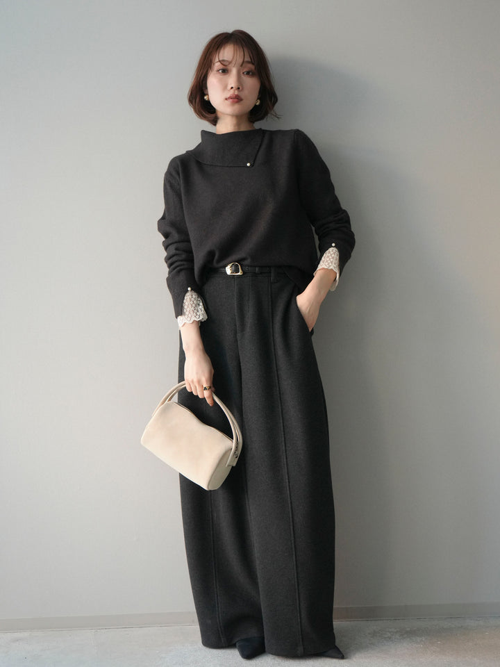 [SET]袖レースパール付き配色ニットトップス+ウールタッチカーブパンツ(2set)