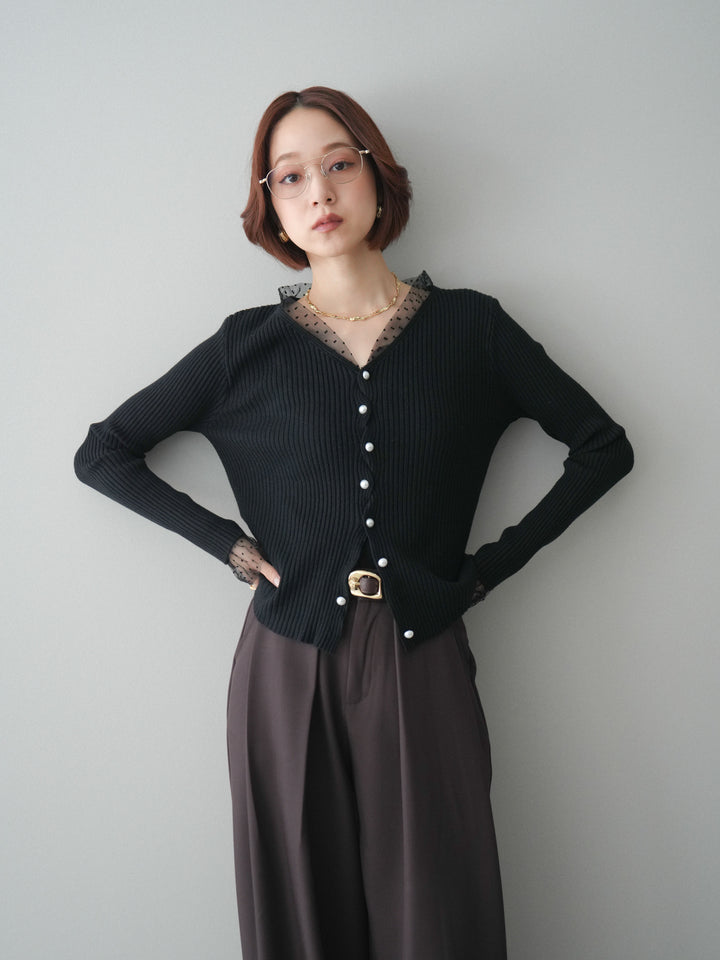 [SET]チュールドッキングパールボタンニットカーディガン+選べるアクセセット(2set)