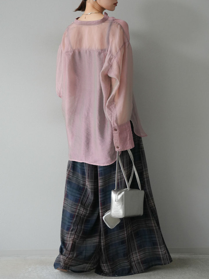 [SET] 亮面透視立領襯衫 + 透視格紋寬鬆褲 (2 件套)