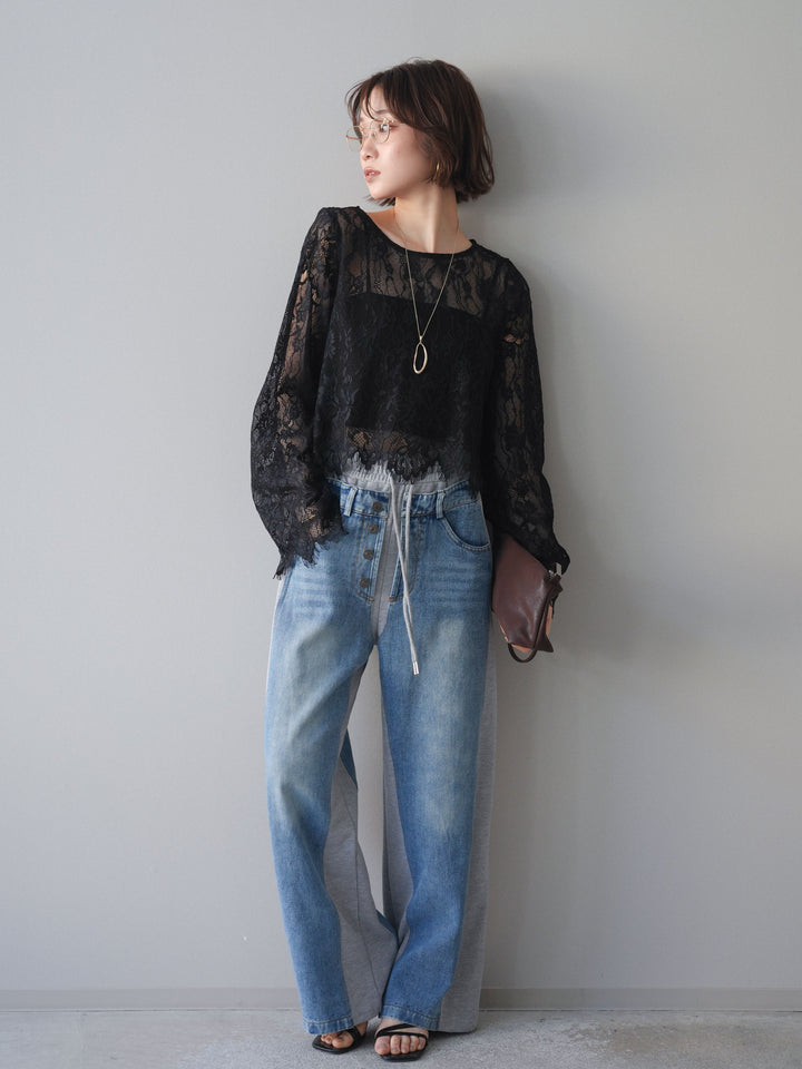 [SET]2WAYスリーブレーストップス+デニム切替スウェットパンツ(2set)