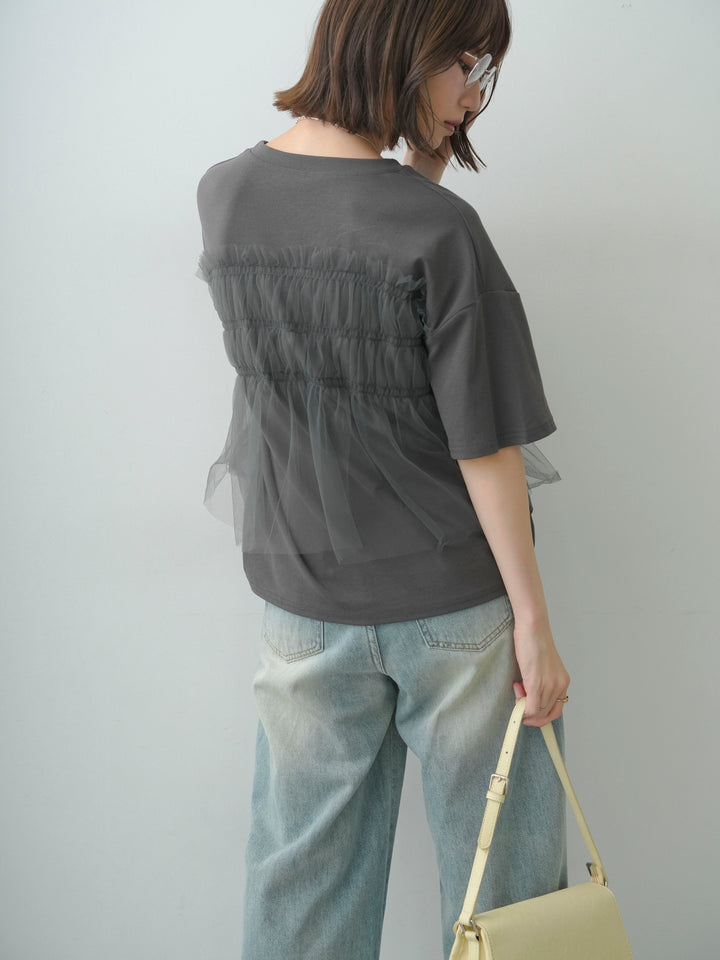 [SET]ギャザーチュールドッキングTEE+センターラインカーブクロップデニム(2set)