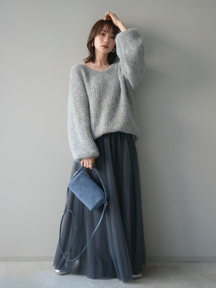 [SET]ウールタッチラメミックスヤーンVネックニットプルオーバー+チュールボリュームスカート(2set)