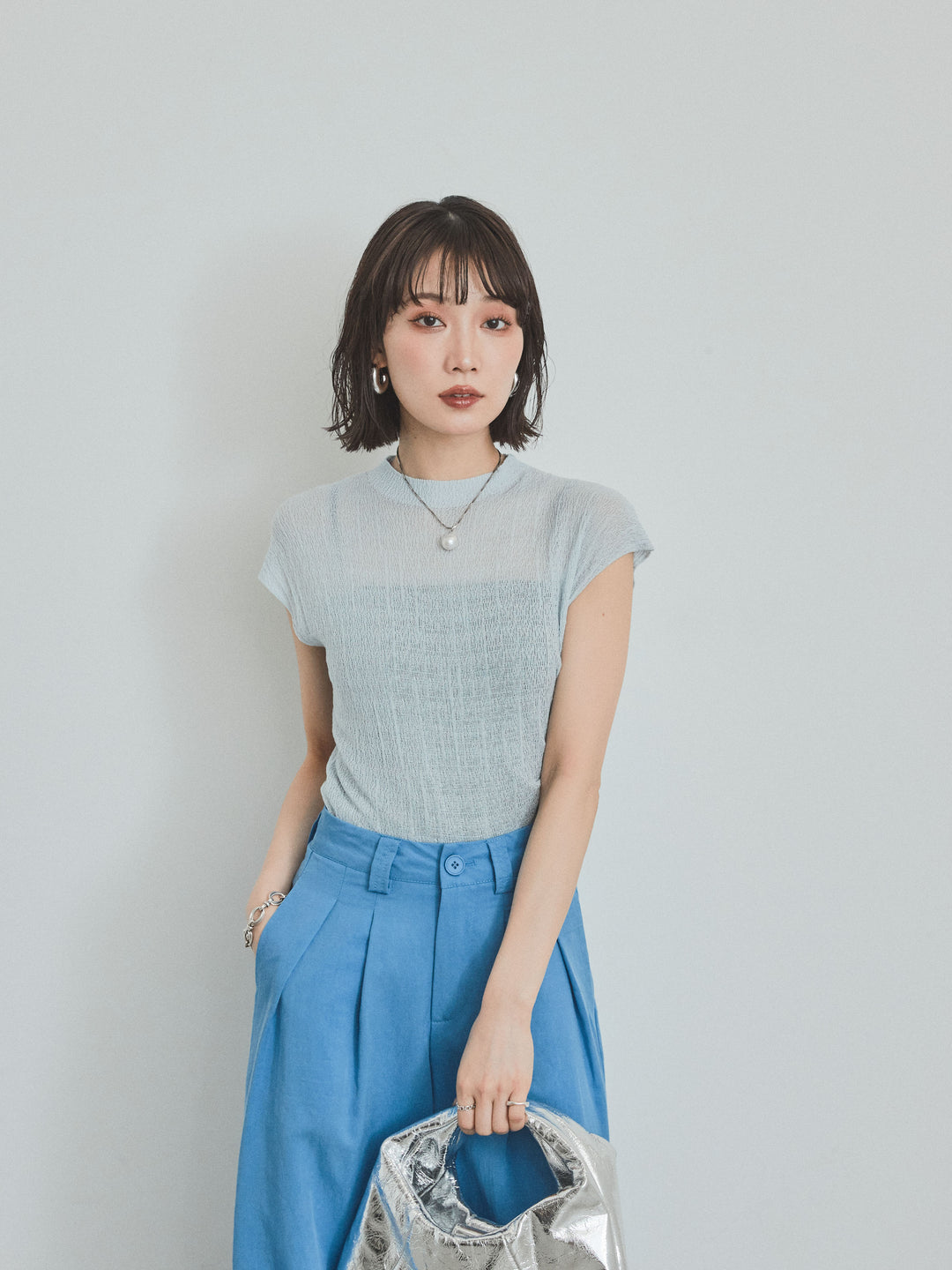 [SET]フレンチスリーブシアーニットトップス+フレンチスリーブシアーニットトップス(2set)