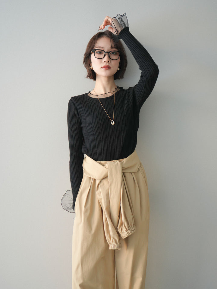 [予約]チュールレイヤードリブニットトップス/black