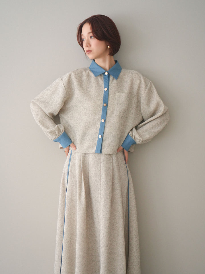 [SET]異素材サマーツイードシャツ+異素材サマーツイードタックフレアスカート(2set)