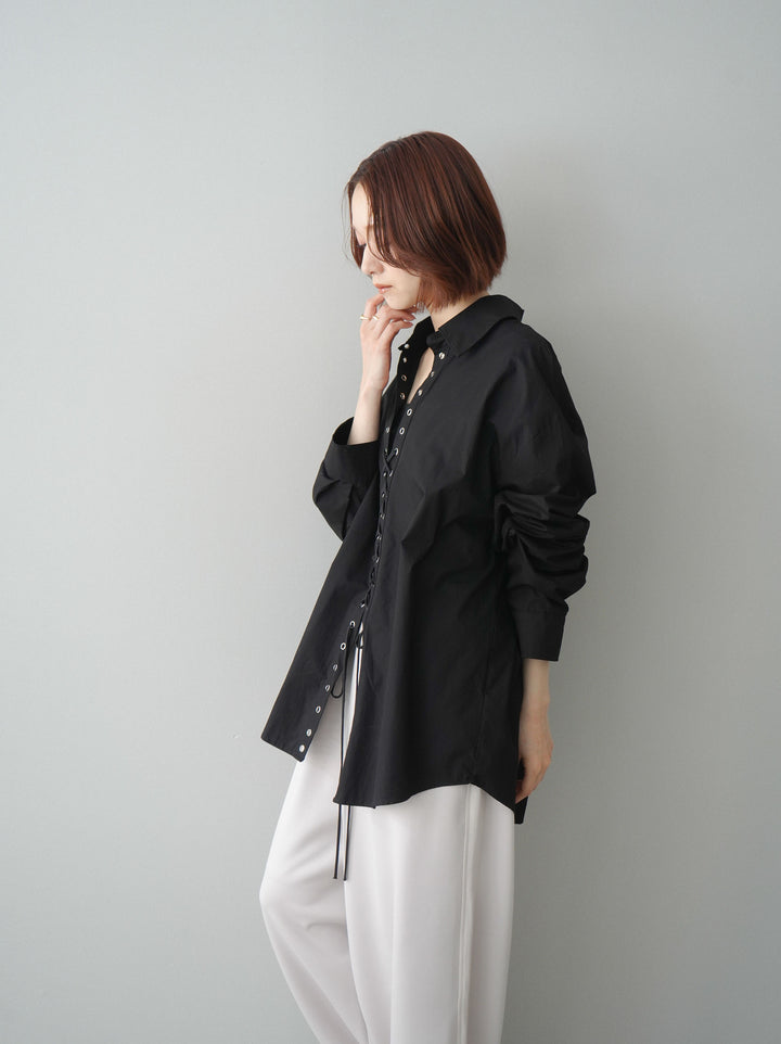 [SET]レースアップブロードシャツ+バイカラー異素材サイドラインライトポンチパンツ(2set)