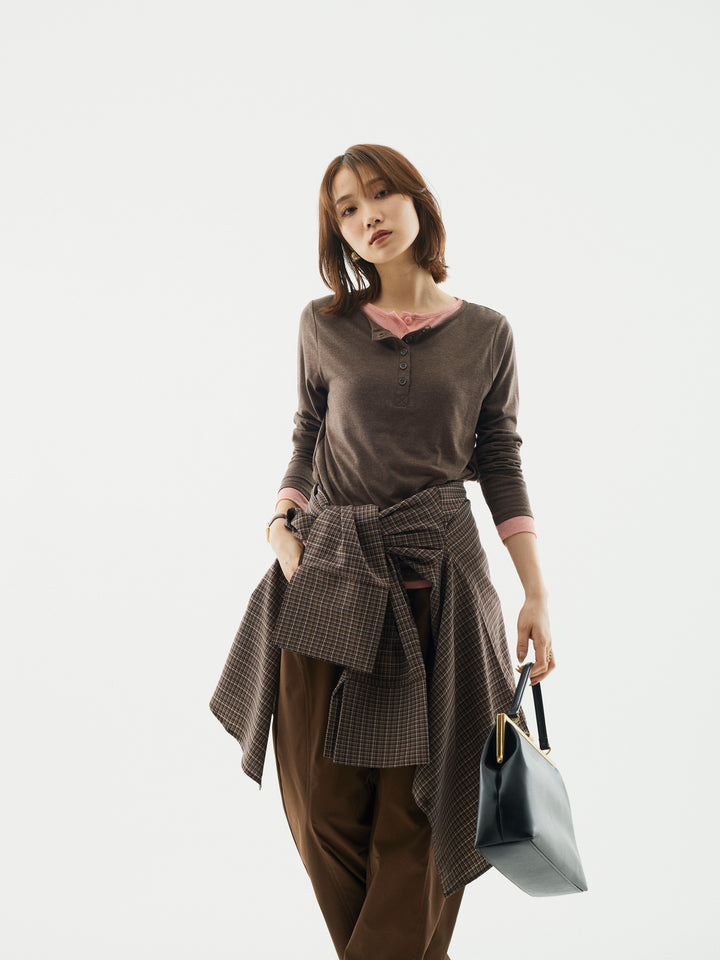 【Allure】[SET]配色レイヤードヘンリーネックトップス+タフタワイドカーブパンツ(2set)