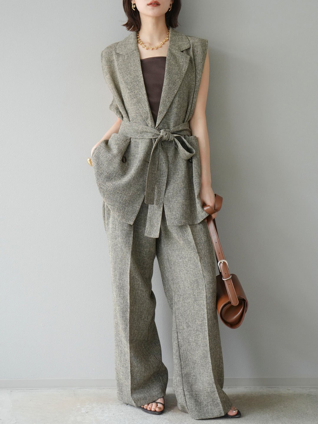 [予約]ミックスツイードタックパンツ/ブラウン