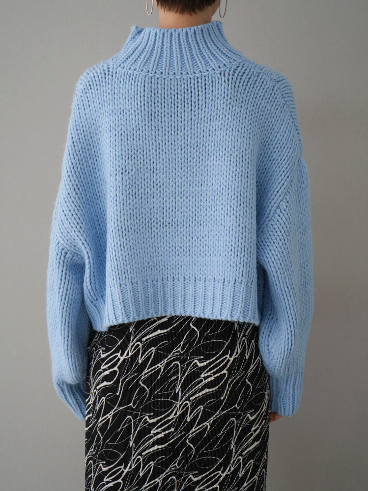 [Pre-order] Rib knit high neck short knit pullover/blue