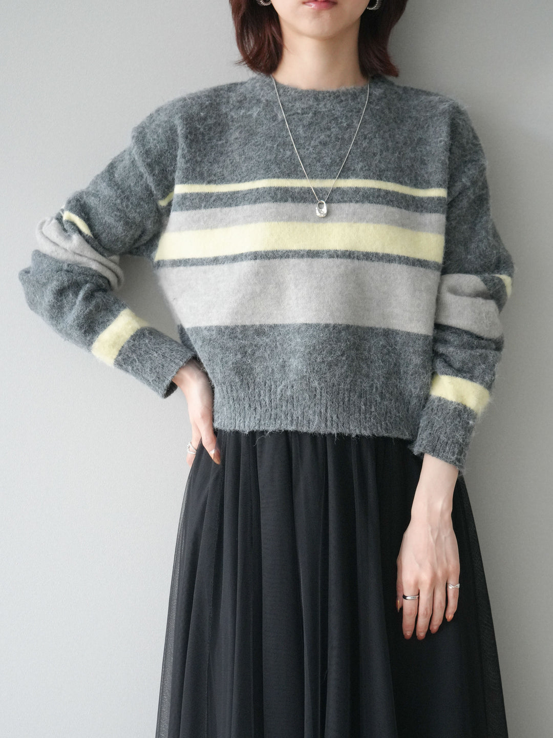 [SET]ソフトタッチボーダークロップドニットプルオーバー+チュールボリュームスカート(2set)