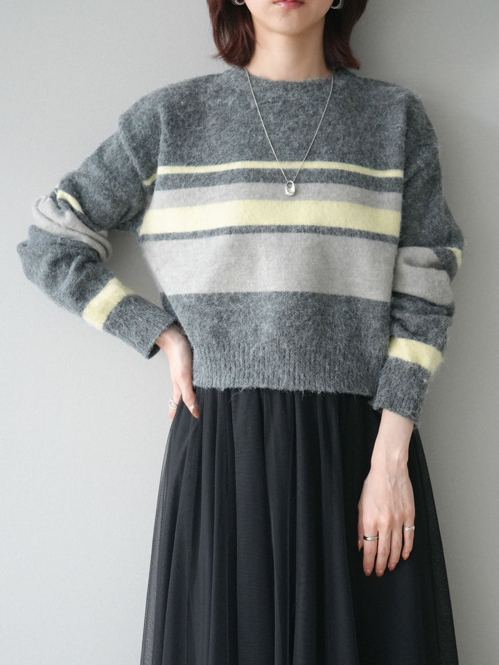 [SET]ソフトタッチボーダークロップドニットプルオーバー+チュールボリュームスカート(2set)