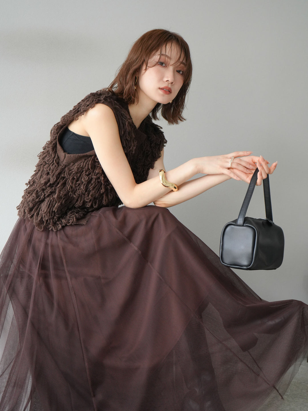 [予約]前開きループニットベスト/ブラウン