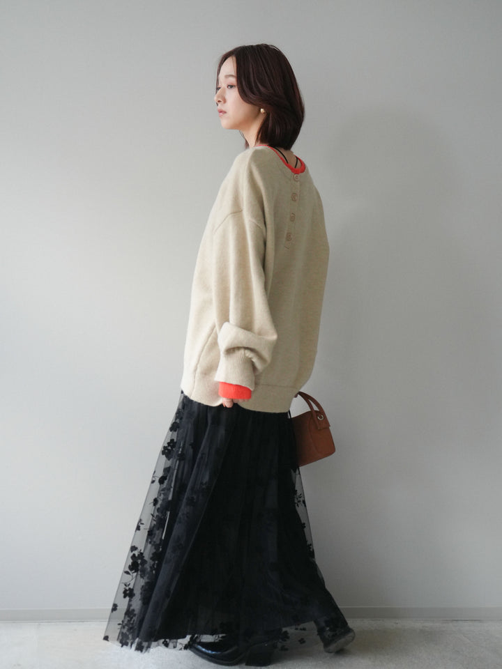 [SET]ヘンリーネック配色レイヤードニットプルオーバー+フラワーフロッキーチュールプリーツスカート(2set)