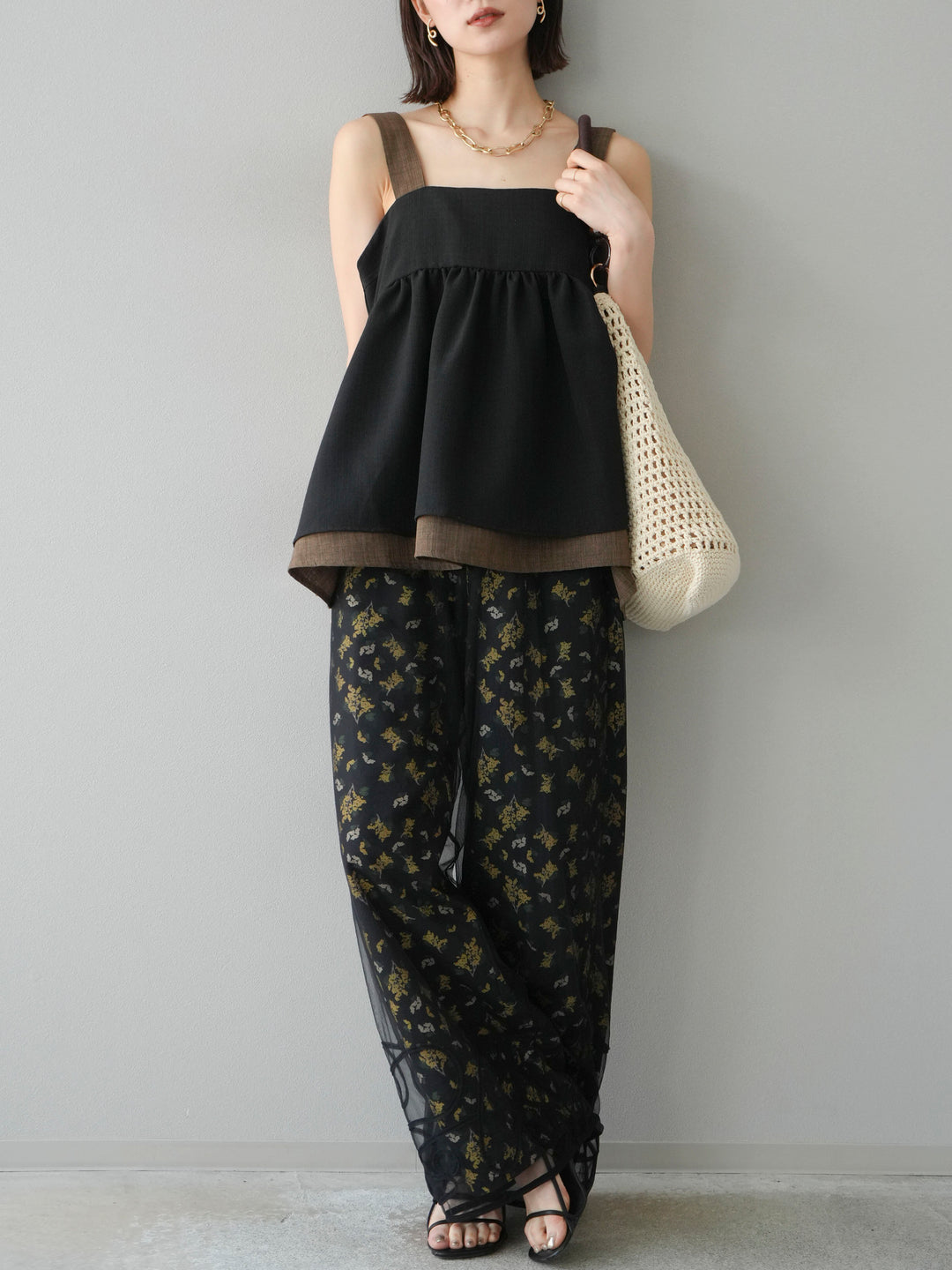 [SET]リネンライク配色フレアタンクトップ+ブーケプリントタックパンツ(2set)