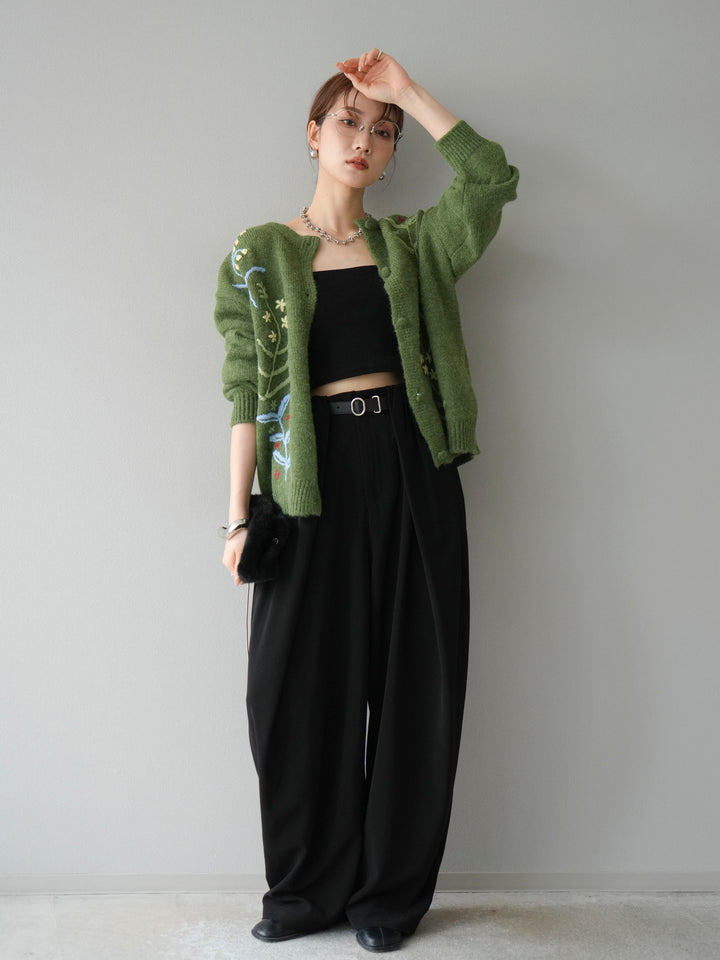 [SET]フラワー刺繍ニットカーディガン+ベルト付タックワイドパンツ(2set)