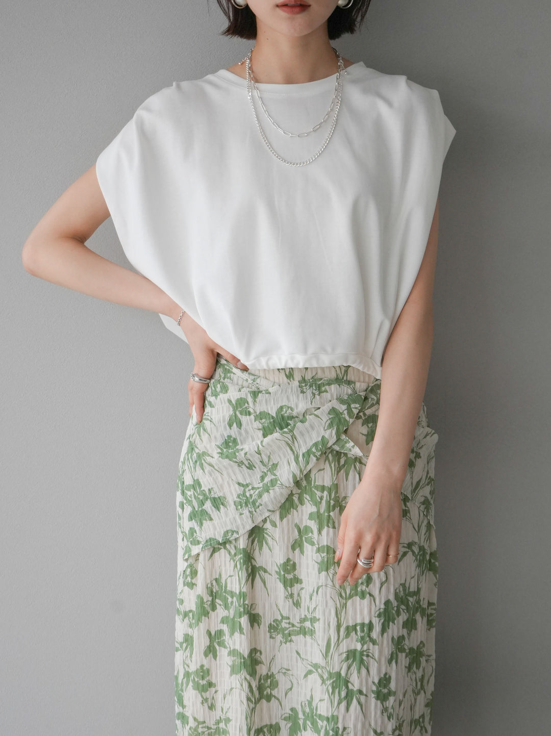 [Pre-order] Washer waist design flower pattern skirt/green