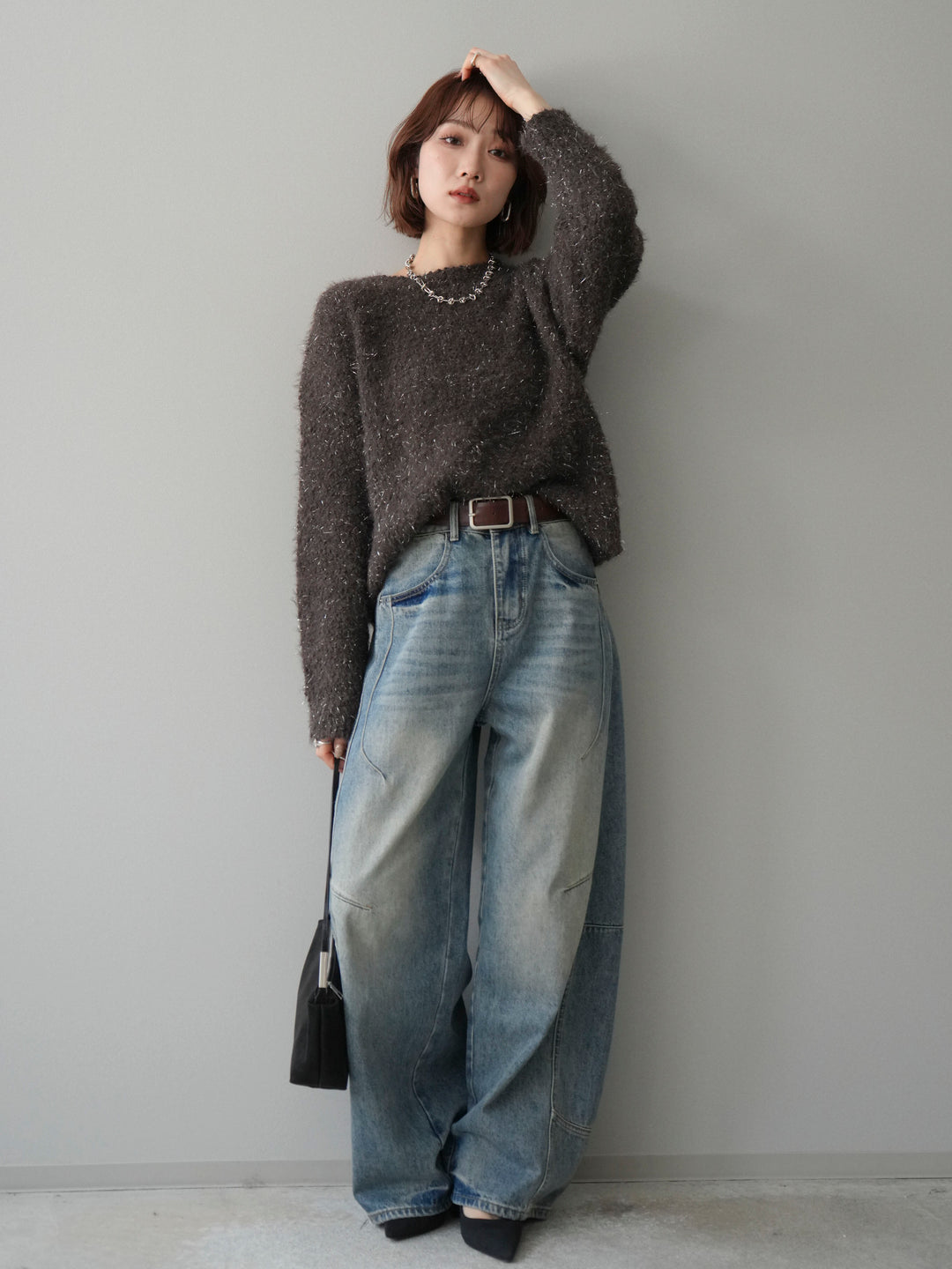 [SET]モールラメミックスヤーンニットプルオーバー+ベルト付カーブデニムパンツ(2set)