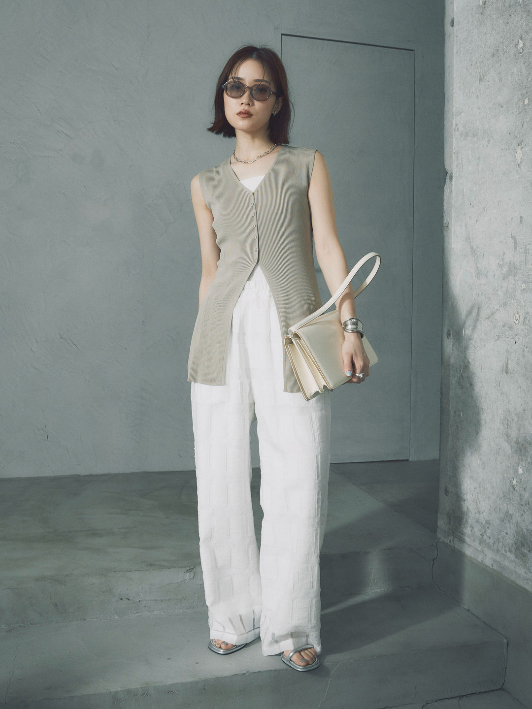 [予約]シアーブロックチェックパンツ/ホワイト