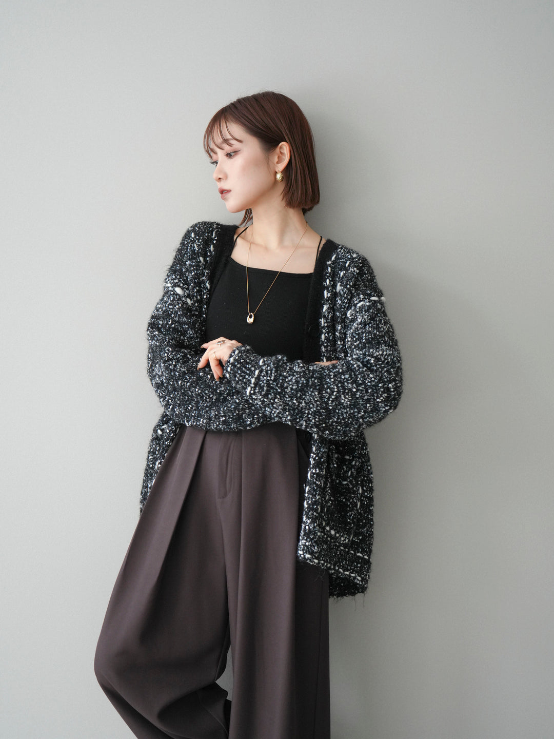 [SET]ブークレハンドステッチニットカーディガン+ベルトループデザインワイドパンツ(2set)