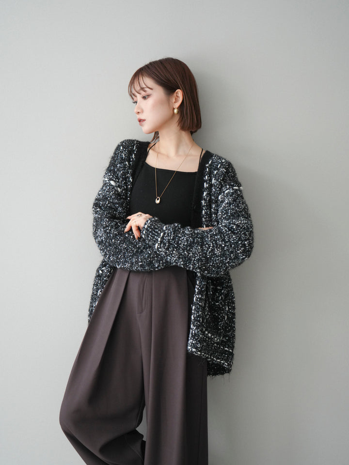 [SET]ブークレハンドステッチニットカーディガン+ベルトループデザインワイドパンツ(2set)