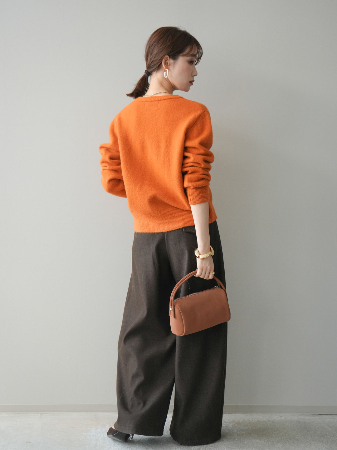 [SET]アンティークボタンニットカーディガン+アニマル柄ベルト付きウールタッチワイドパンツ(2set)