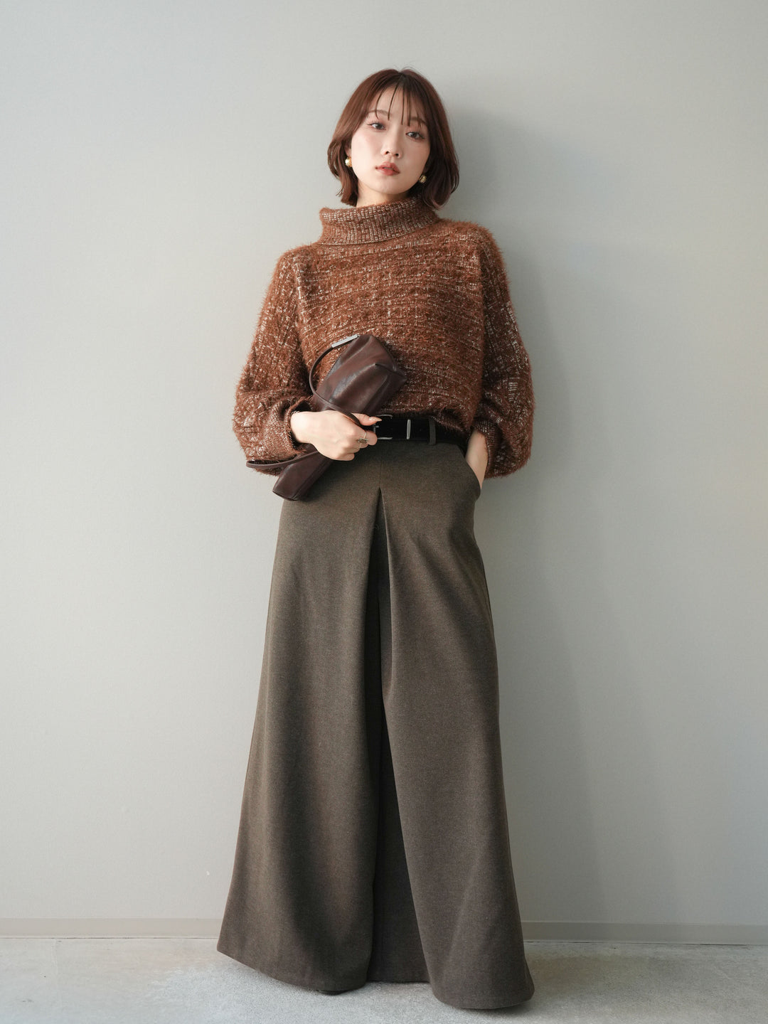 [予約]ベルト付きフロントタックワイドパンツ/brown