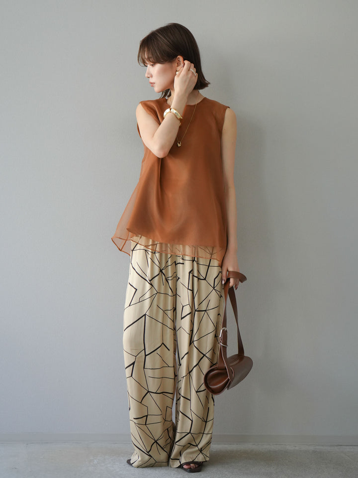 [予約]ビスコースサテンプリントタックイージーパンツ/ベージュ