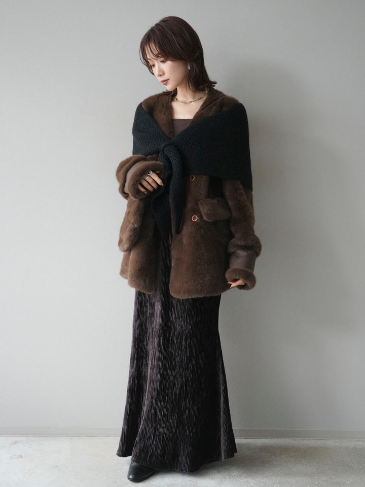 [予約]バッグ付エコファーノーカラーコート/brown