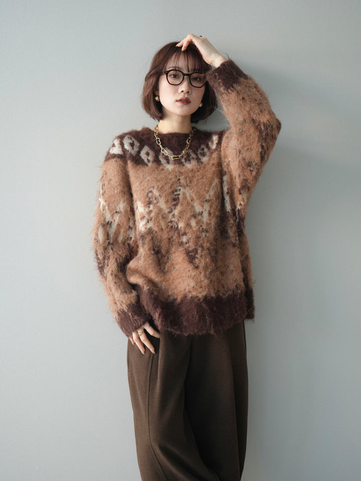 [予約]シャギーニュアンス柄ニットプルオーバー/brown