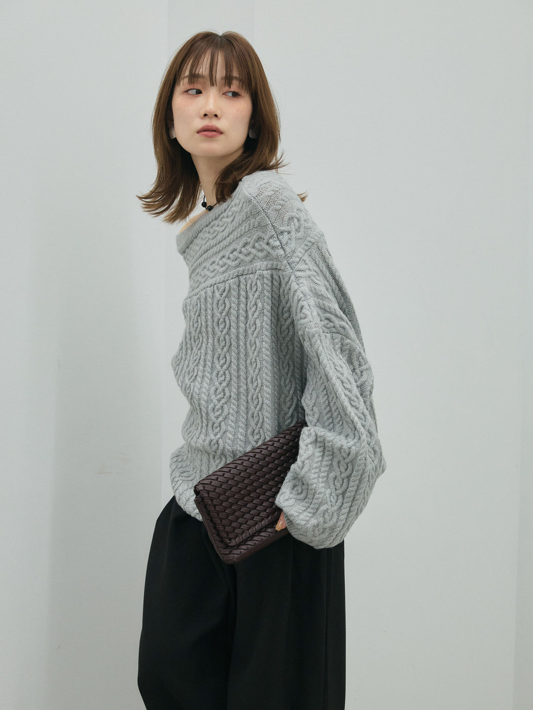 【Allure】[SET]ケーブルワンショルニットプルオーバー+ループデザインツイルワイドパンツ(2set)