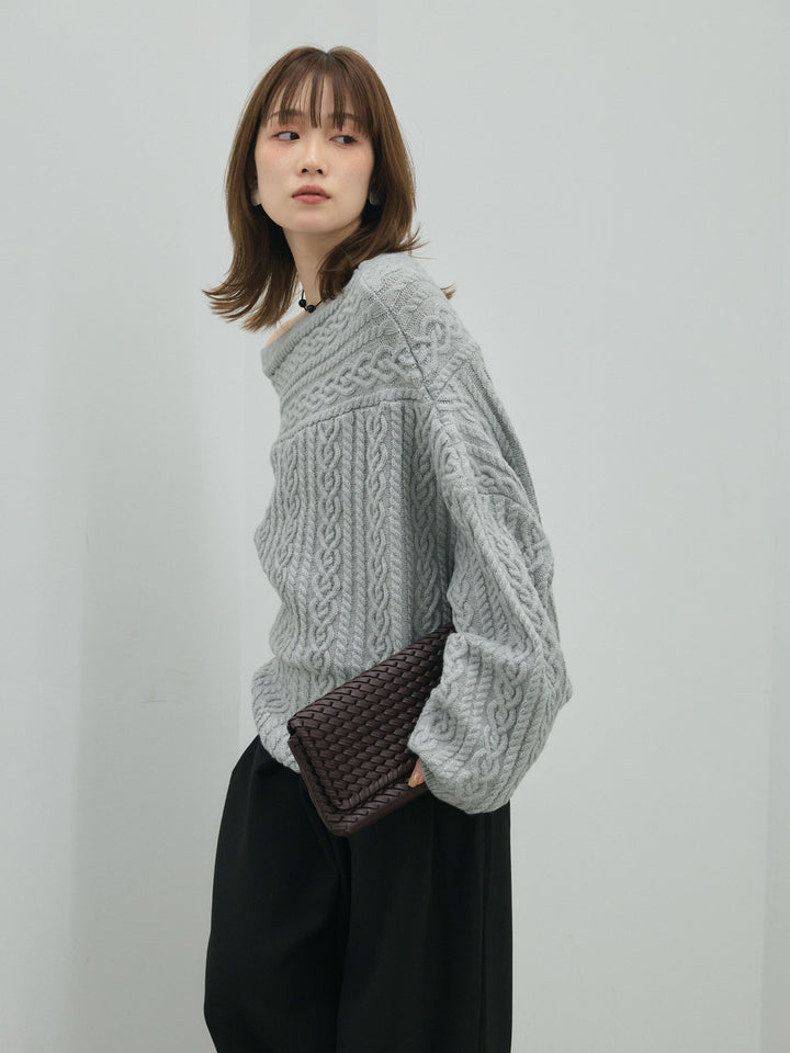 【Allure】[SET]ケーブルワンショルニットプルオーバー+ループデザインツイルワイドパンツ(2set)