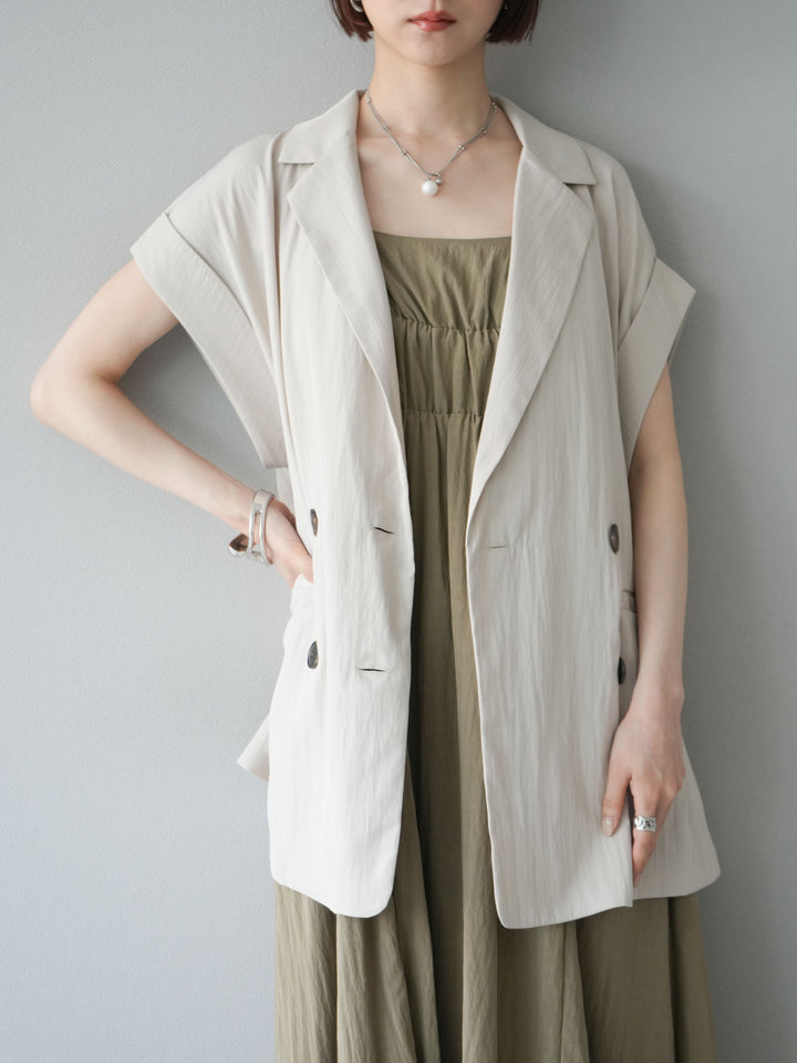 [SET]レーヨンシャーリングキャミワンピース+リネンライクノースリーブダブルジレ(2set)