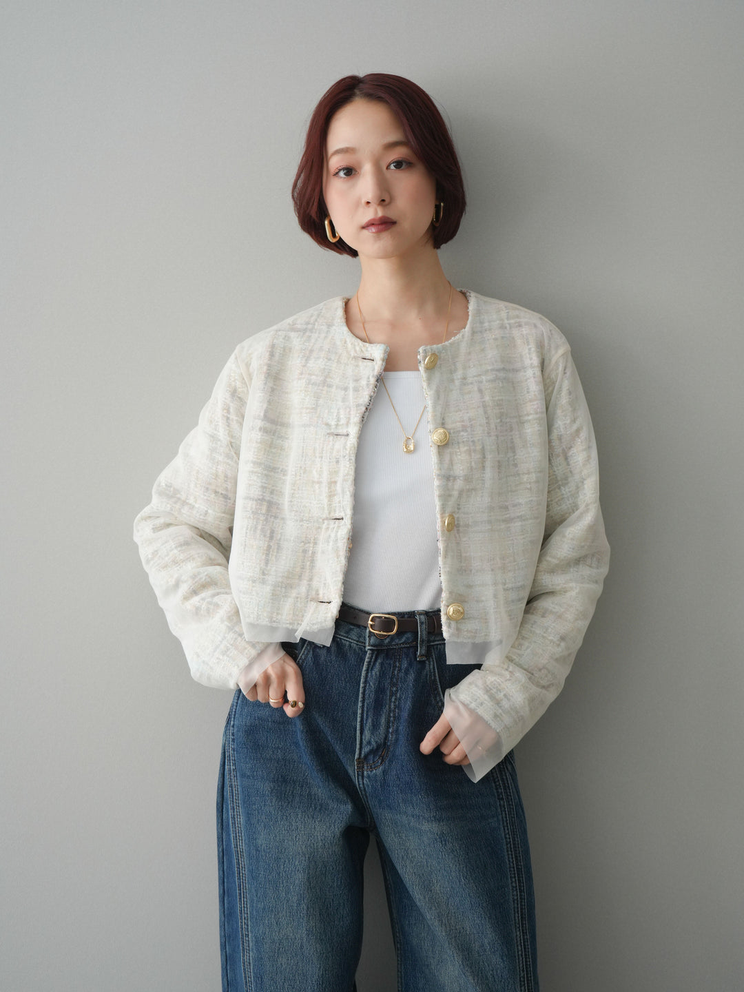 [予約]チュールレイヤードツイードクロップドジャケット/pink